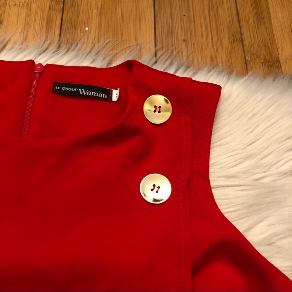 Asymmetrical Panel Sleeveless Gold Buttons Red Mini Dress, size XS/S - Picture 3 of 8